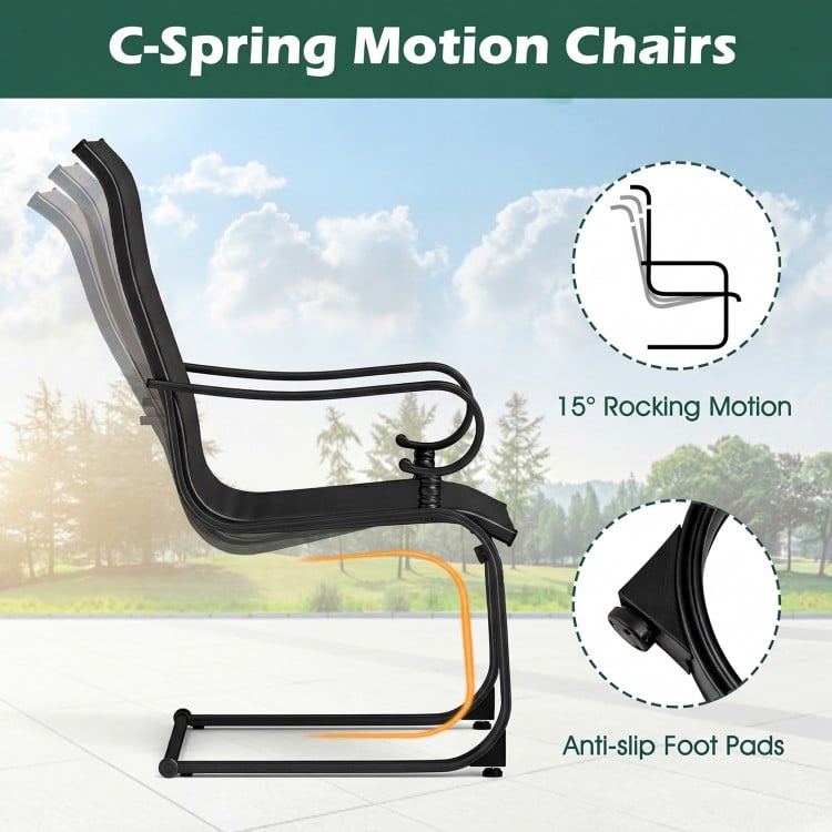 Patio chair showcasing 15° rocking motion, black fabric, and sturdy metal frame, ideal for backyard relaxation.
