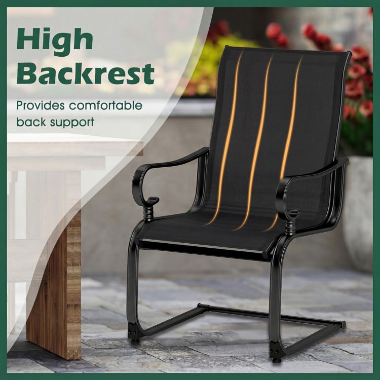 High backrest patio chair in black with breathable fabric, designed for comfort and stability in outdoor settings.