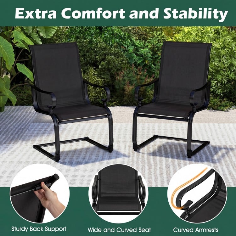 Set of 2 black patio chairs with curved seats and sturdy back support, ideal for backyard relaxation and stability.