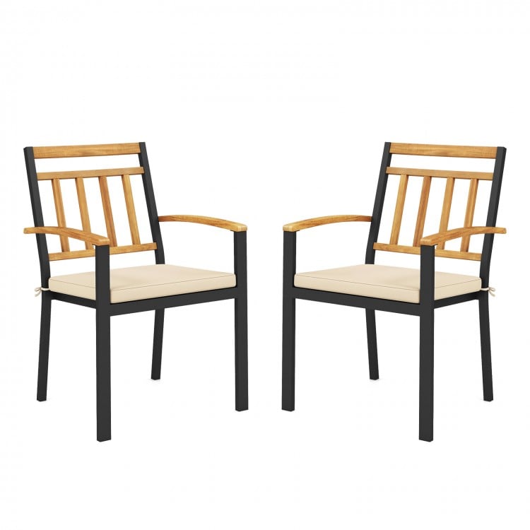 Set of 2 patio dining chairs with acacia wood armrests, removable cushions, and sturdy metal frame for outdoor comfort.