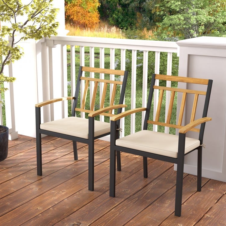 Side view of a patio dining chair with a removable cushion and durable acacia wood armrests, ideal for outdoor.