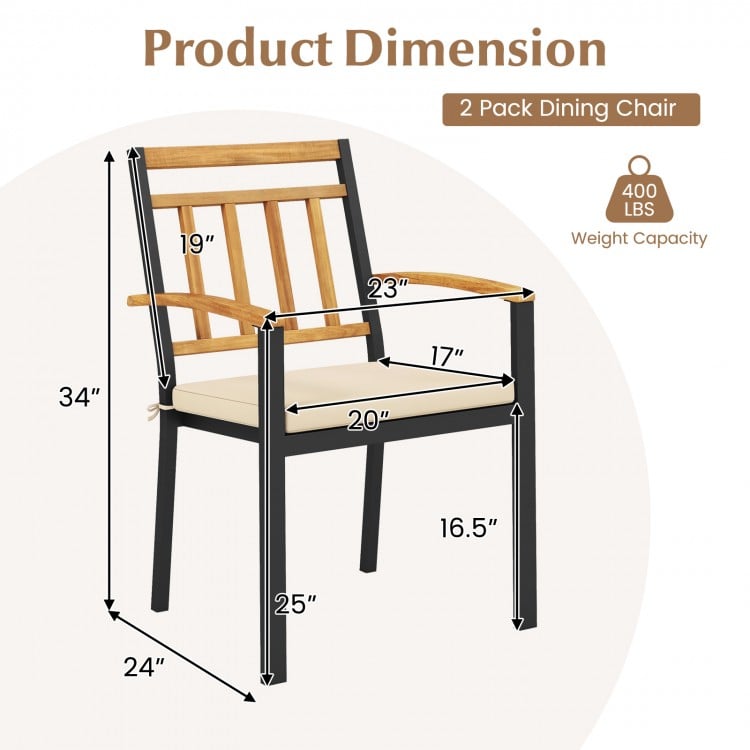 Dimensions of a set of 2 patio dining chairs with acacia wood armrests, removable cushions, and sturdy metal frame.