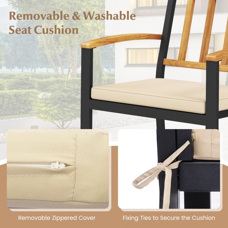 Patio dining chair with removable padded cushion, acacia wood armrests, and ergonomic backrest for comfort.