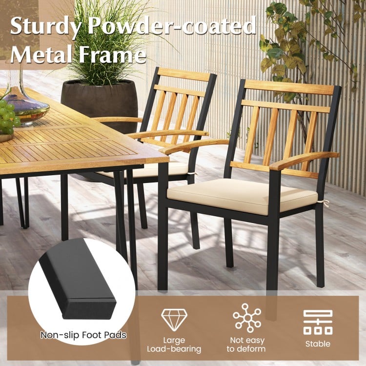 Set of 2 patio dining chairs with removable padded cushions, featuring a sturdy powder-coated metal frame and acacia.