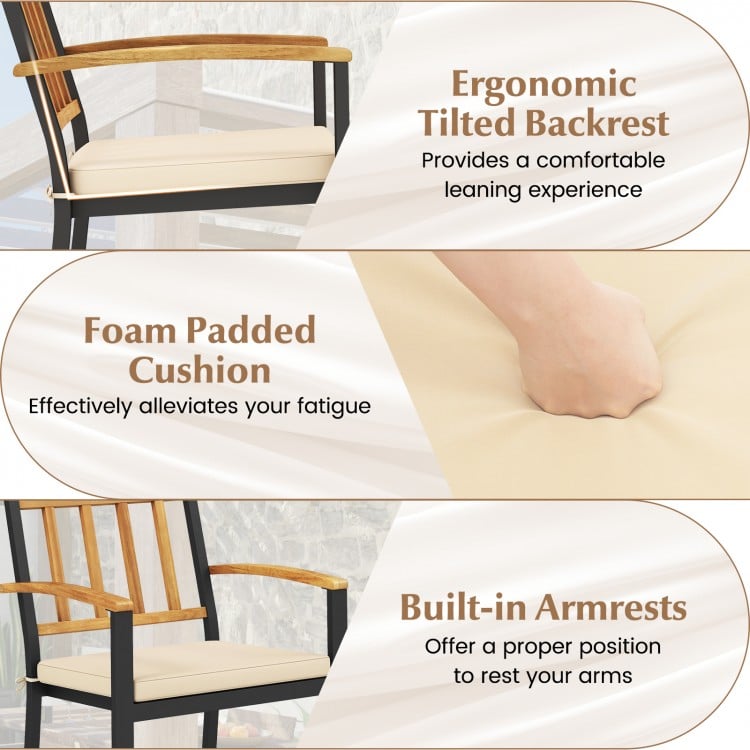 Set of 2 patio dining chairs with removable padded cushions, featuring ergonomic tilted backrest and acacia wood.