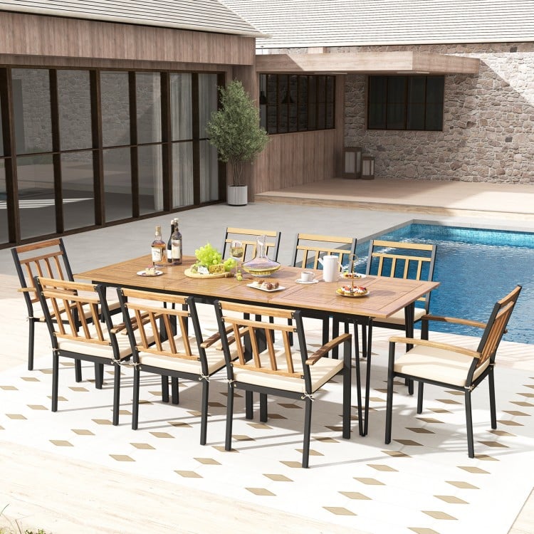 Set of 2 patio dining chairs with removable padded cushions, featuring acacia wood armrests and a sturdy metal frame.