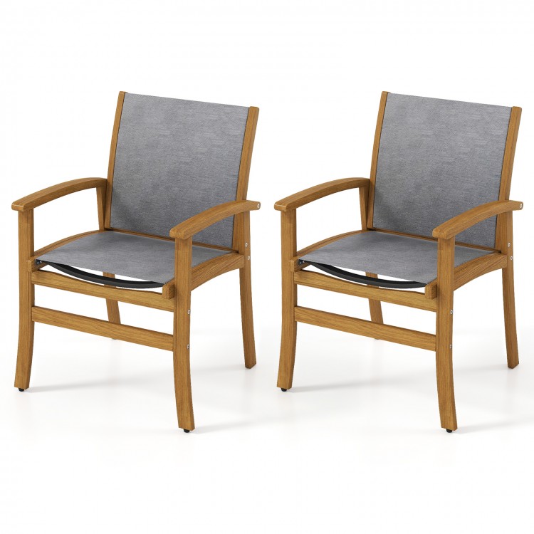 Set of 2 patio dining chairs with acacia wood frame and breathable fabric, perfect for outdoor dining and relaxation.