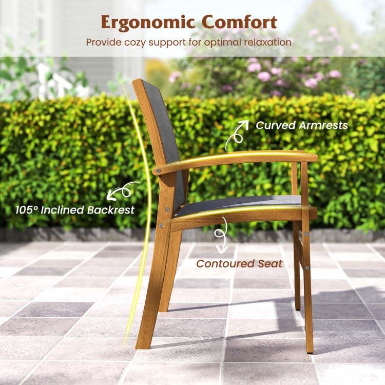 Side view of a patio dining chair featuring a solid acacia wood frame and breathable fabric for outdoor comfort.