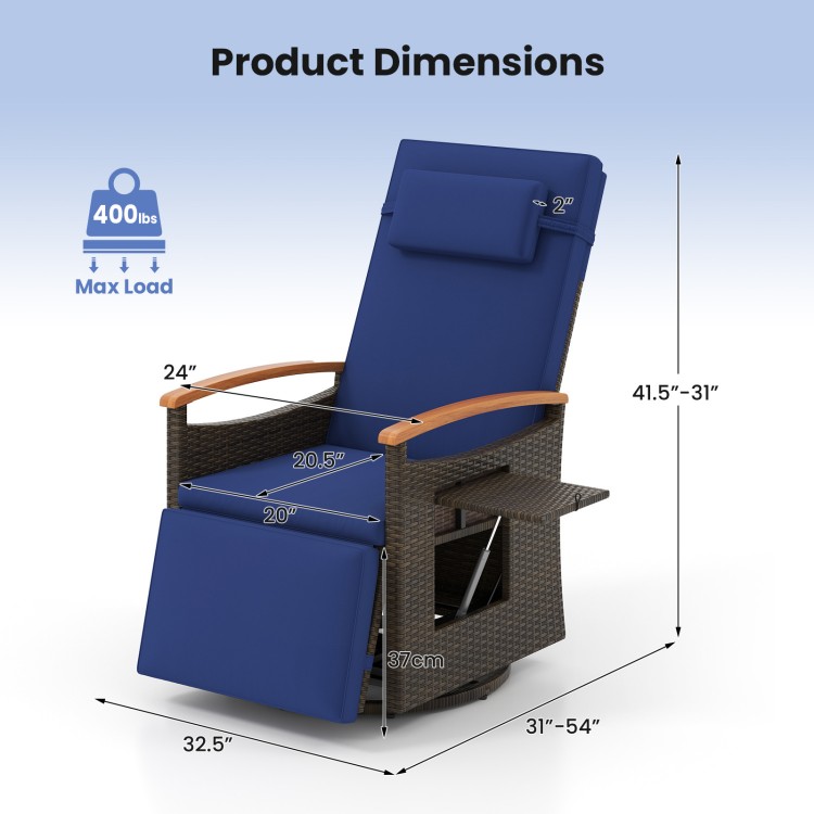 Product dimensions of the navy blue patio rattan swivel recliner chair with adjustable backrest and footrest.