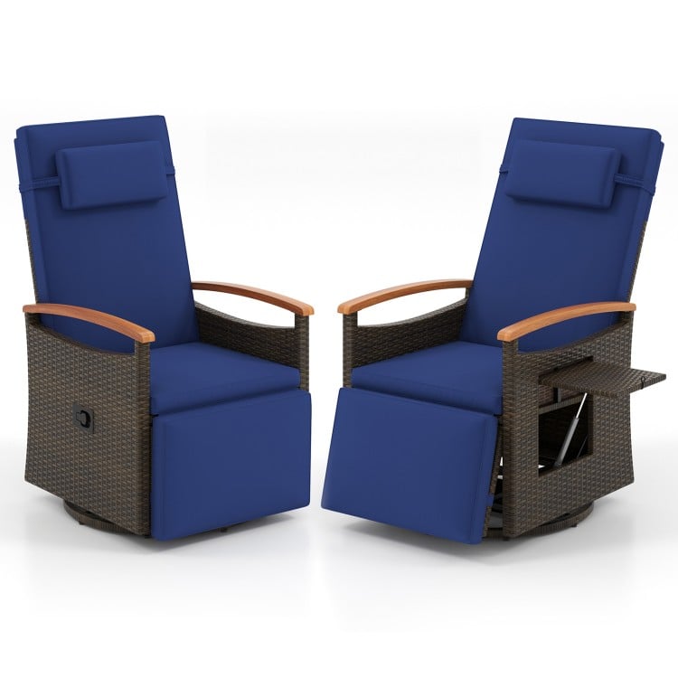 Set of 2 navy patio rattan swivel recliner chairs with adjustable backrest and footrest, perfect for outdoor relaxation.