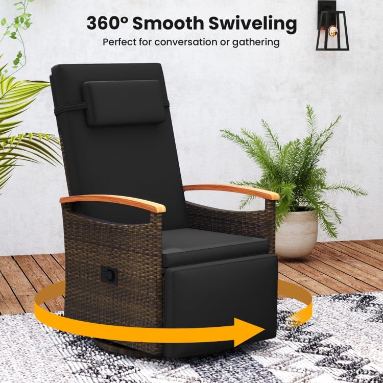 Black patio rattan 360° swivel recliner chair with adjustable backrest and footrest, perfect for outdoor relaxation.