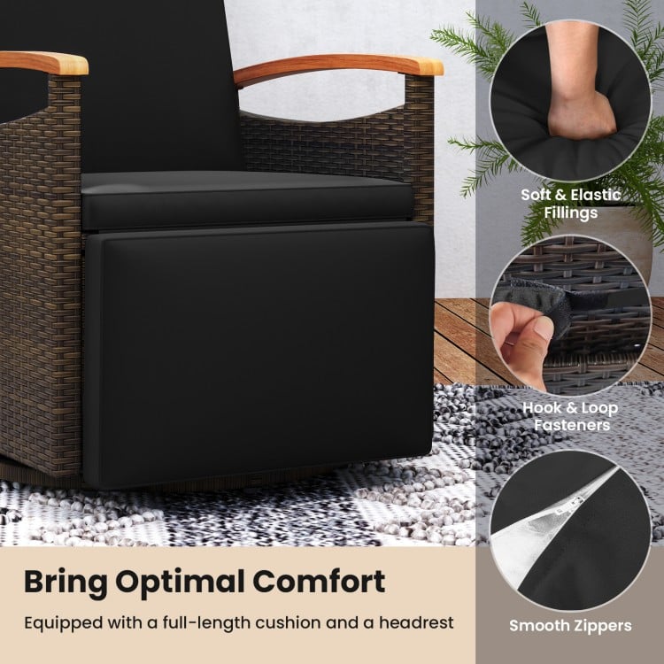 Black patio rattan swivel recliner chair with adjustable backrest, soft cushion, and wood armrests for outdoor comfort.