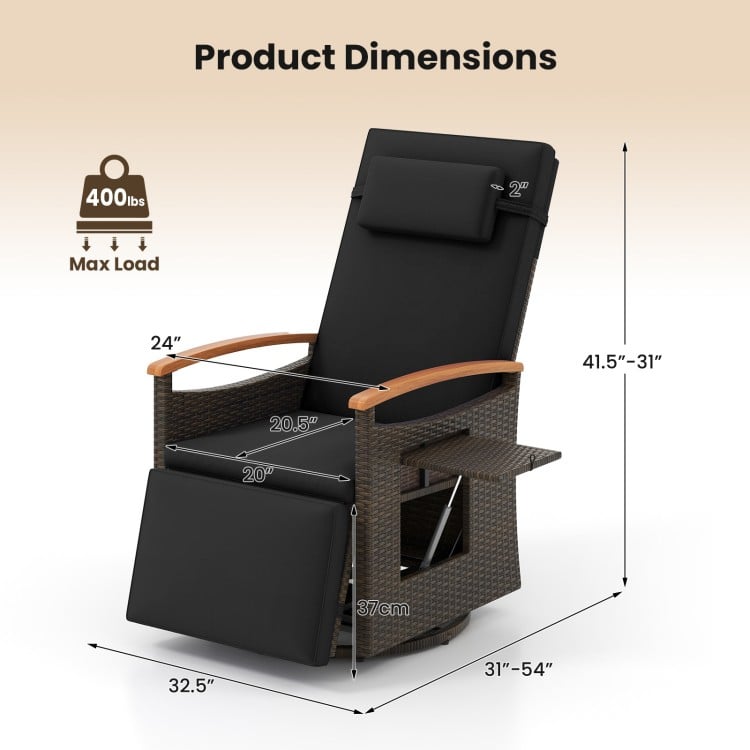Dimensions of the black patio rattan swivel recliner chair with adjustable backrest and footrest, suitable for outdoor.