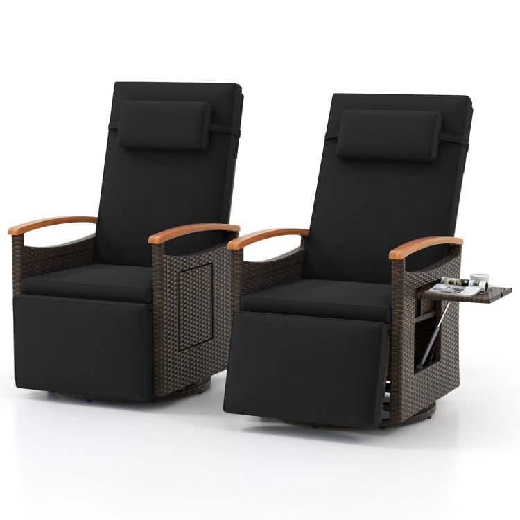 Set of 2 black patio rattan swivel recliner chairs with adjustable backrests and foldable side table for outdoor.
