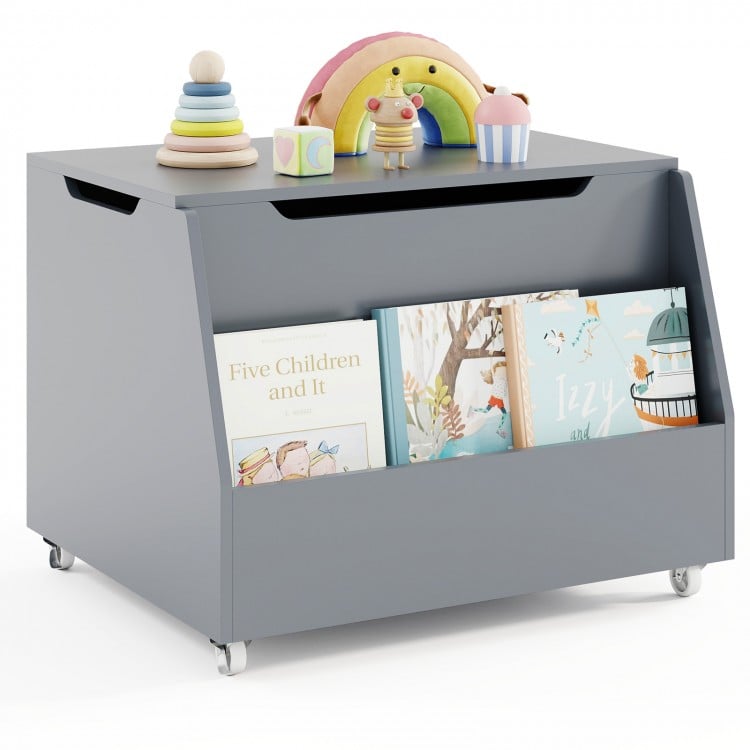 Gray wooden mobile toy storage organizer with bookshelf and lockable wheels, ideal for toys and books in kids' rooms.
