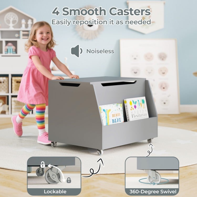 Wooden mobile toy storage organizer in gray with lockable wheels and front bookshelf for easy access to toys and books.