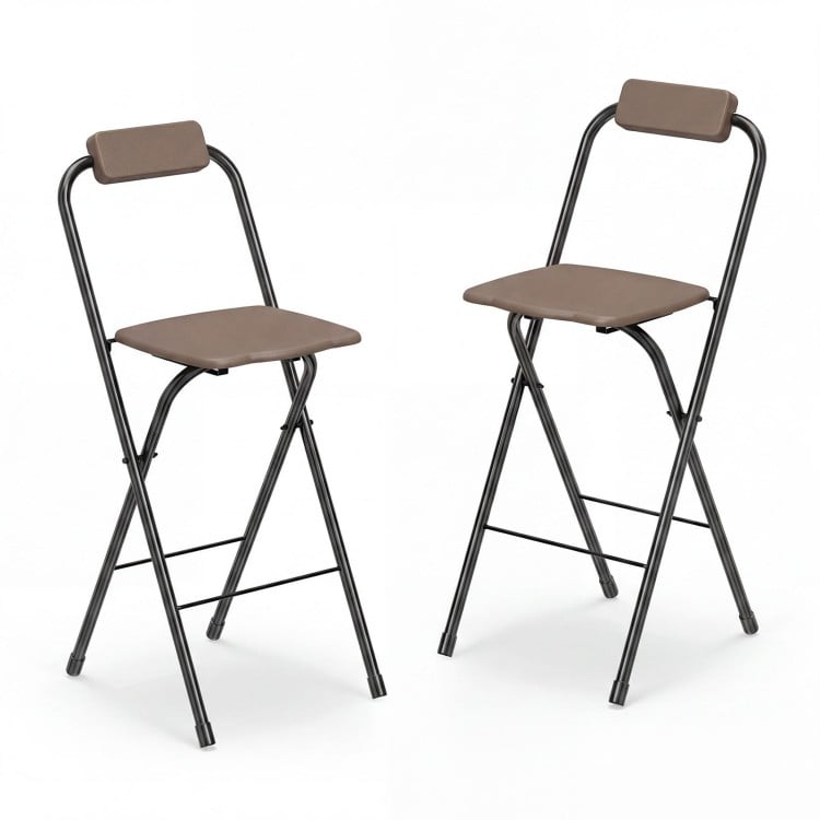 Set of 2 portable bar height stools in brown with ergonomic seats and sturdy metal frames for outdoor gatherings.