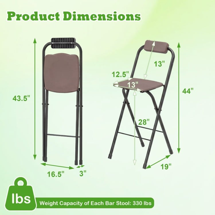Product dimensions of portable bar height stools with ergonomic seat, sturdy metal frame, and compact folding design.
