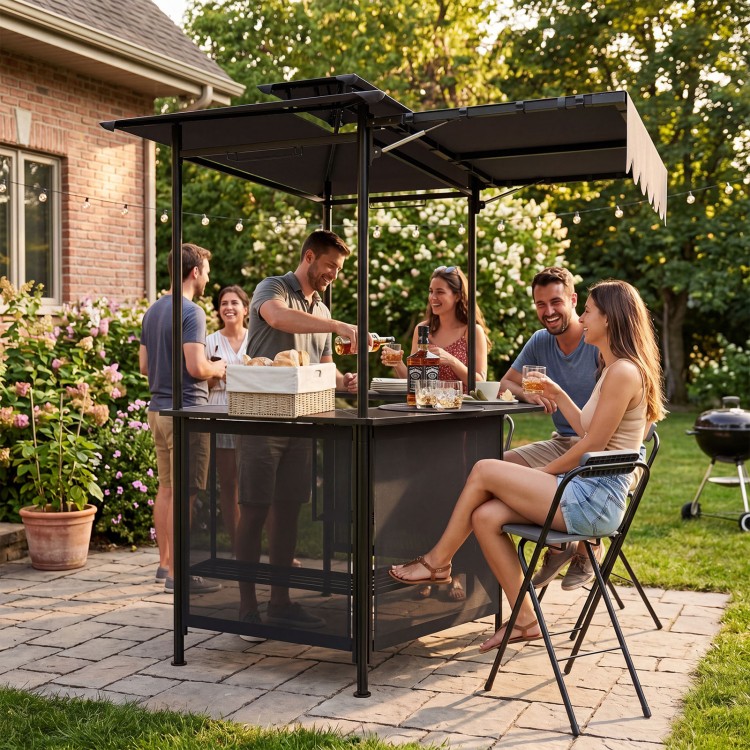 Portable black bar height stool with ergonomic seat and footrest, ideal for outdoor gatherings and easy transport.
