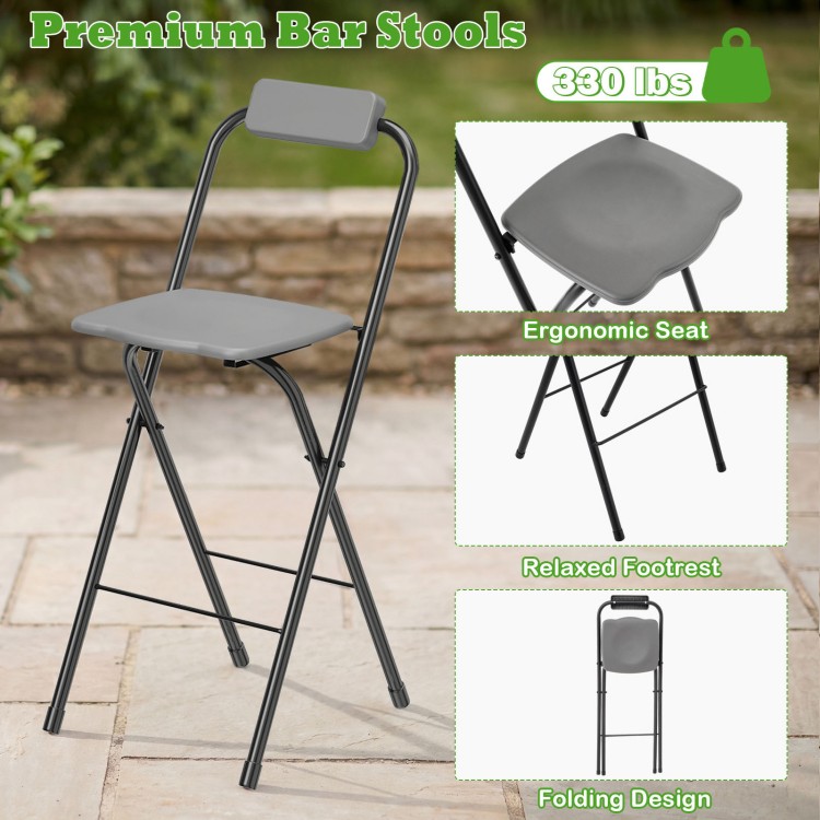 Portable bar height stool with ergonomic seat, sturdy metal frame, and folding design for outdoor gatherings and storage.