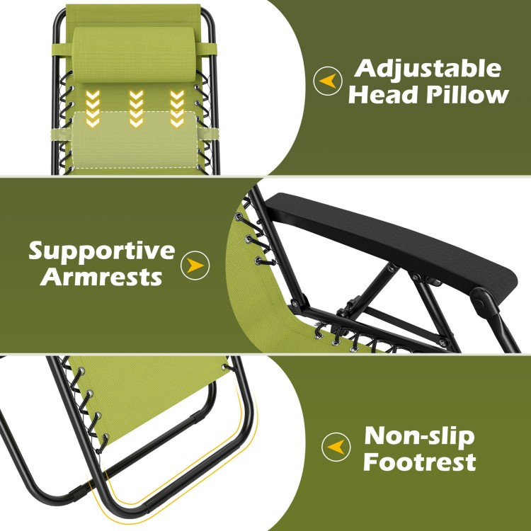 Adjustable head pillow and supportive armrests of portable zero gravity chair set for outdoor relaxation.