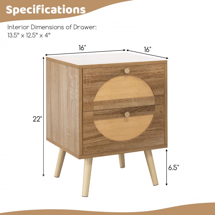 Rattan nightstand with two drawers, natural wood finish, and solid wood legs, perfect for cozy bedroom storage.