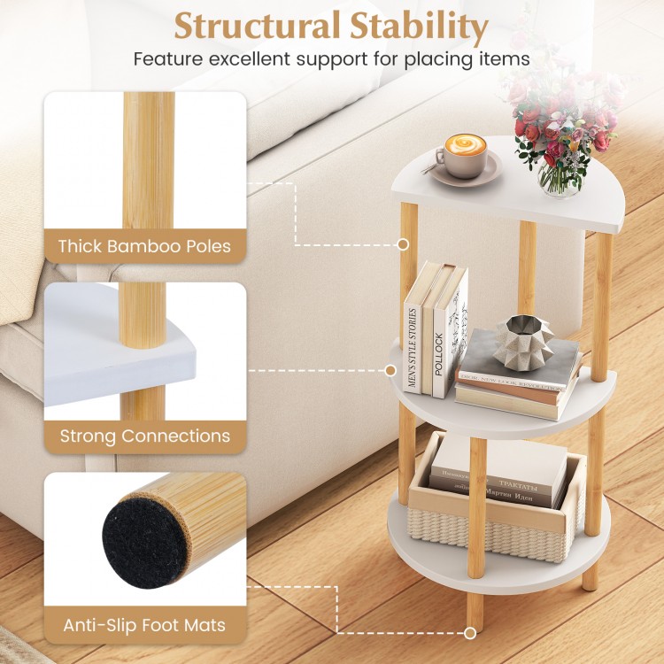 Compact 3-tier round side table in white with bamboo construction, ideal for living room storage and decor.