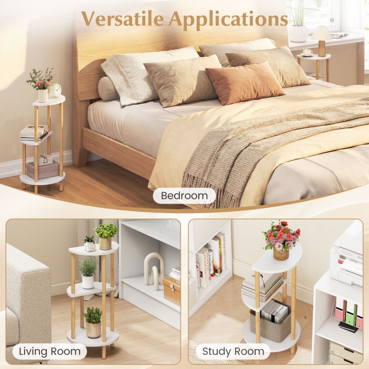 Compact round side table set with 3-tier bamboo shelves, ideal for bedroom or living room storage and decor.