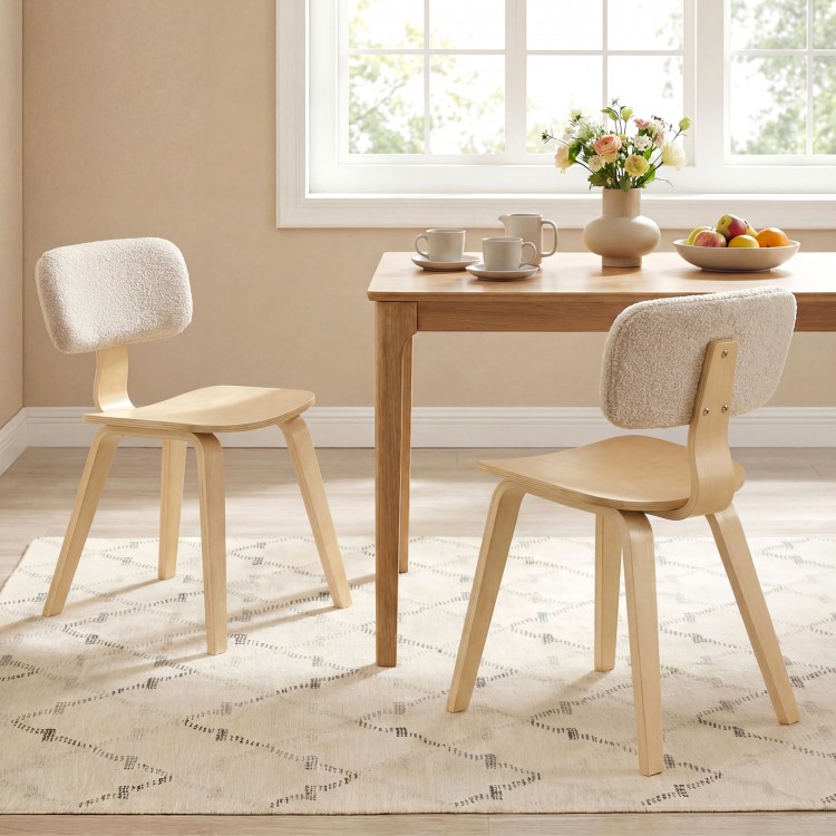 Set of 2 natural rubber wood dining chairs with teddy velvet padded backrests, perfect for stylish dining room decor.