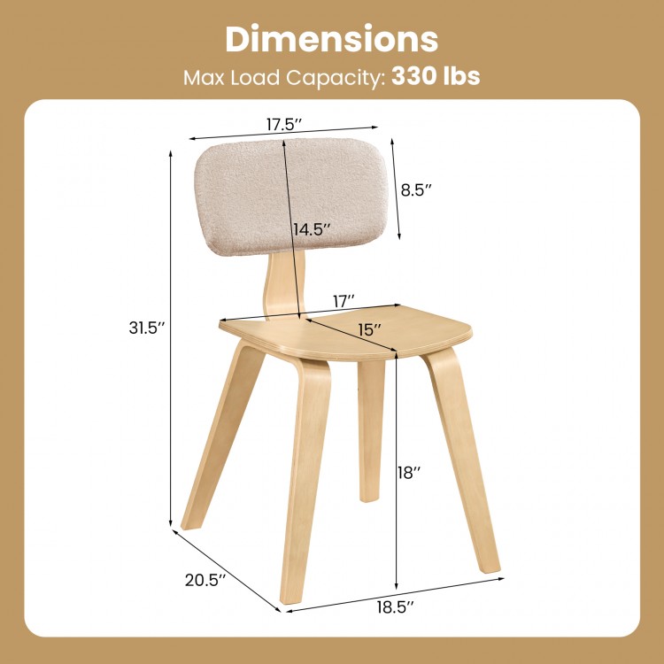 Dimensions of a rubber wood dining chair with teddy velvet padded backrest, max load capacity 330 lbs, natural finish.