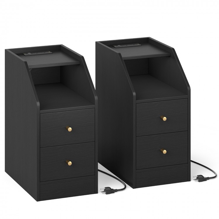 Set of 2 black side end tables with charging station, drawers, and shelf for organized living space.