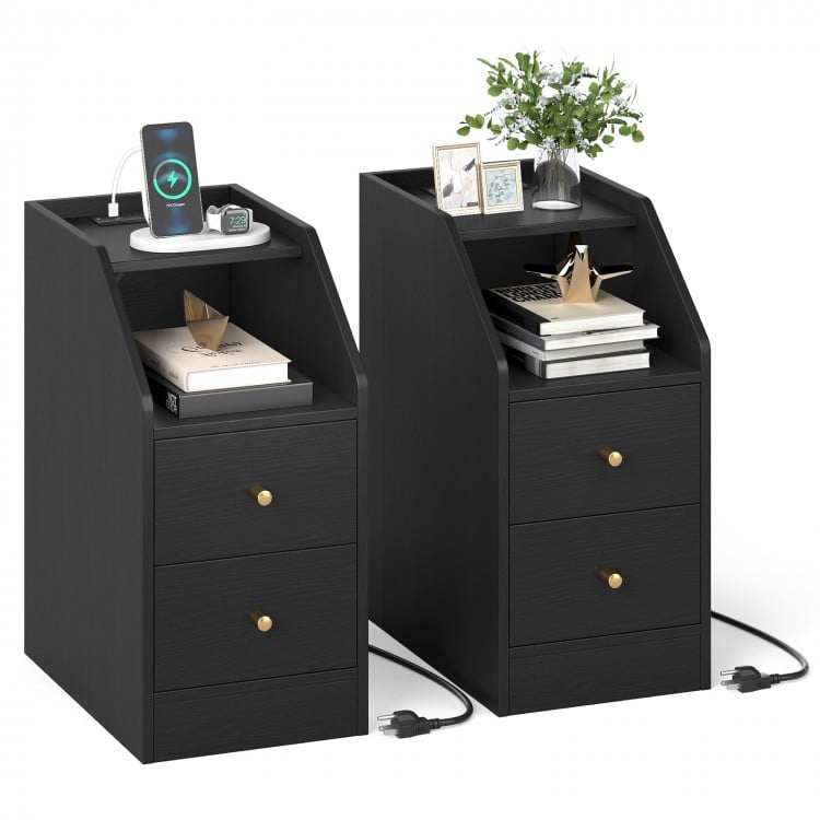 Set of 2 black side end tables with charging station, drawers, and shelf for organized storage beside a sofa or bed.