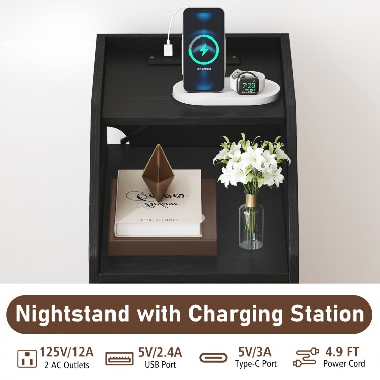 Black nightstand with charging station, featuring 2 drawers and a shelf, perfect for keeping devices organized.