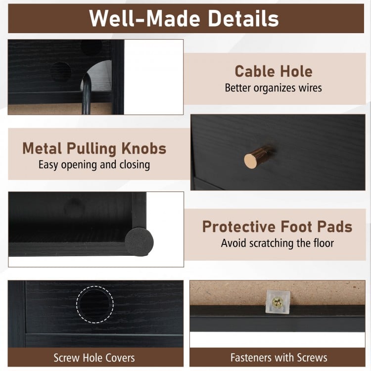 Close-up of the black side end table features, including cable hole, metal knobs, and protective foot pads for easy use.