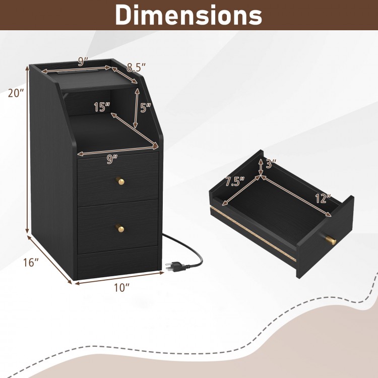 Dimensions of the black side end table with charging station, featuring drawers and open compartment for organized.