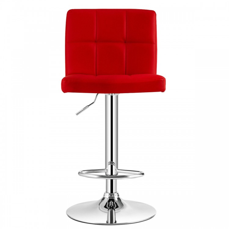 Red square swivel bar stool with backrest and footrest, featuring a chrome base and ergonomic design for comfort.