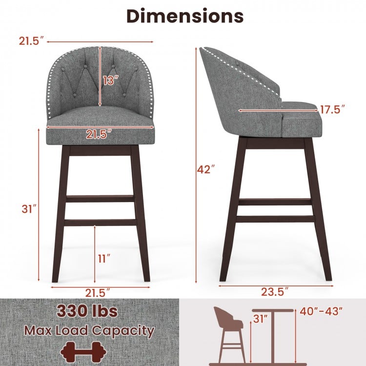 Dimensions of gray swivel bar stool with rubber wood legs, ergonomic backrest, and 330 lbs capacity for kitchen or pub.
