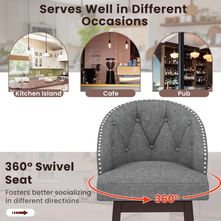 Gray swivel bar stool set with rubber wood legs, padded back, and rivet detailing, ideal for kitchen islands and cafes.