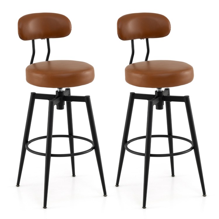 Set of 2 brown swivel barstools with padded seats and backs, ideal for kitchens or pubs, featuring a sturdy metal frame.