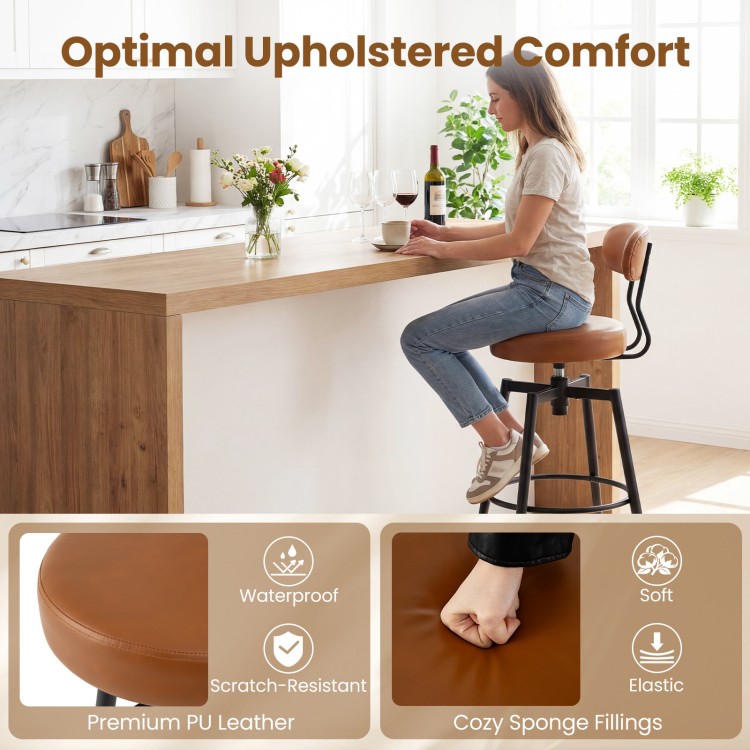 Brown swivel barstool with upholstered seat and backrest, featuring waterproof PU leather for easy cleaning and comfort.