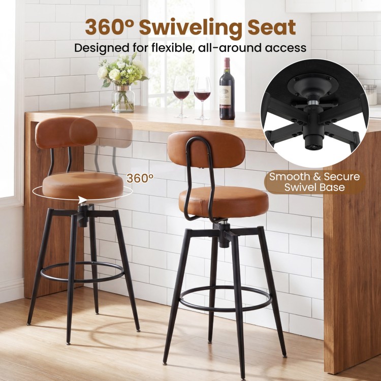 Set of 2 brown faux leather swivel barstools with padded seats and curved backrests for modern kitchen or pub use.