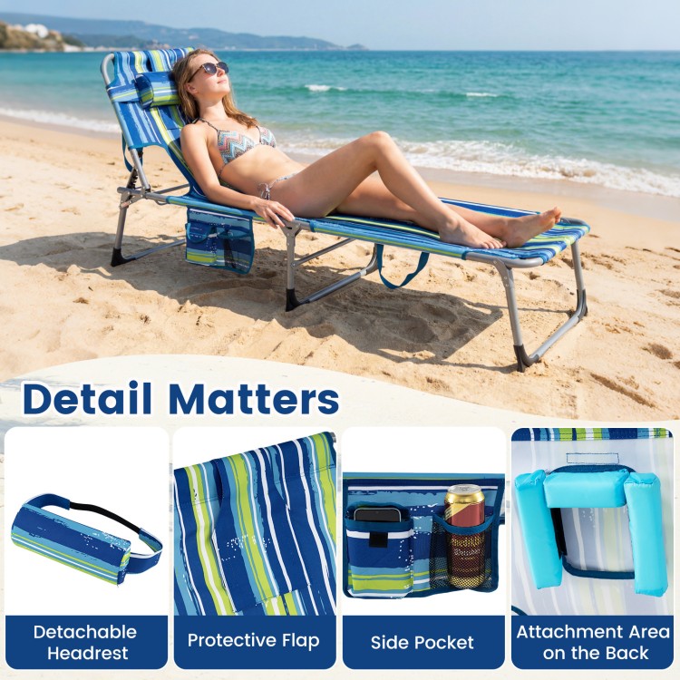 Portable chaise lounge chair in turquoise with adjustable backrest, perfect for beach relaxation.