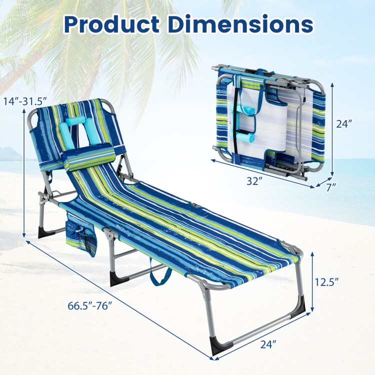 Portable turquoise tanning chair with adjustable backrest, shown in dimensions and folded position for easy transport.