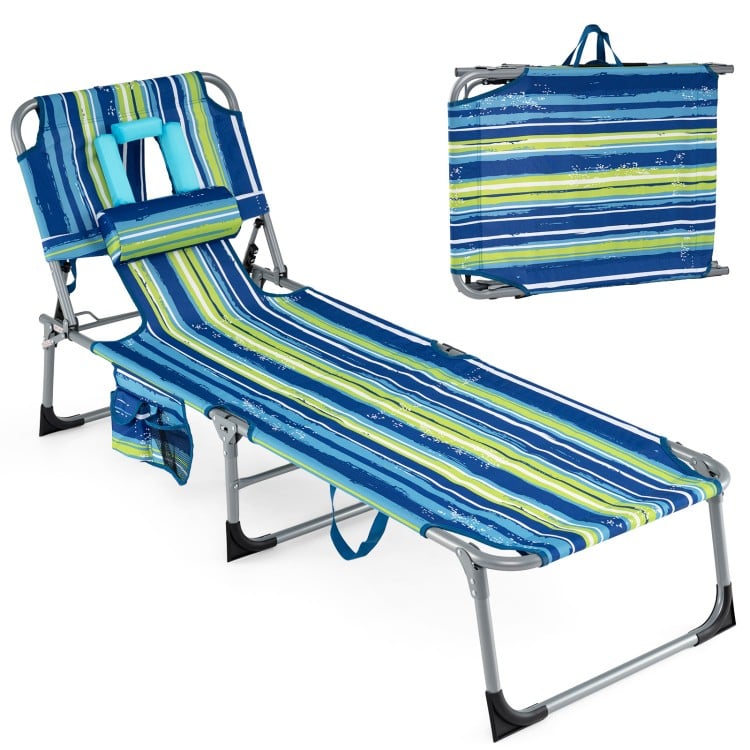 Portable turquoise tanning chair with a 4-position adjustable backrest, ideal for beach or poolside relaxation.