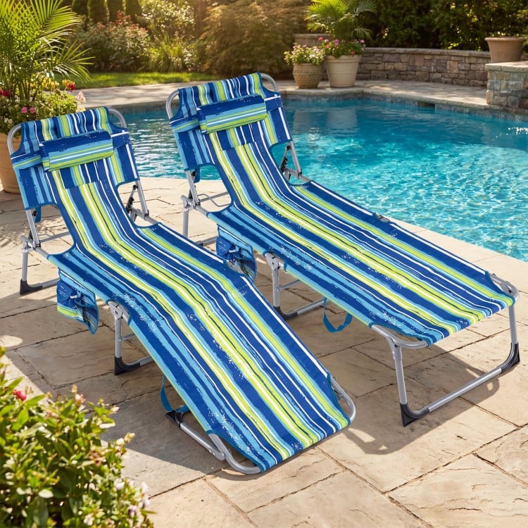 Set of 2 portable chaise lounge chairs in turquoise with adjustable backrests, perfect for poolside relaxation.