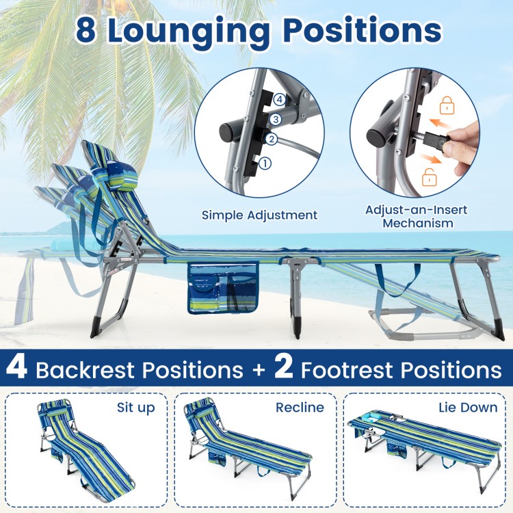 Portable turquoise tanning chair set with 4-position adjustable backrest for beach or poolside relaxation.