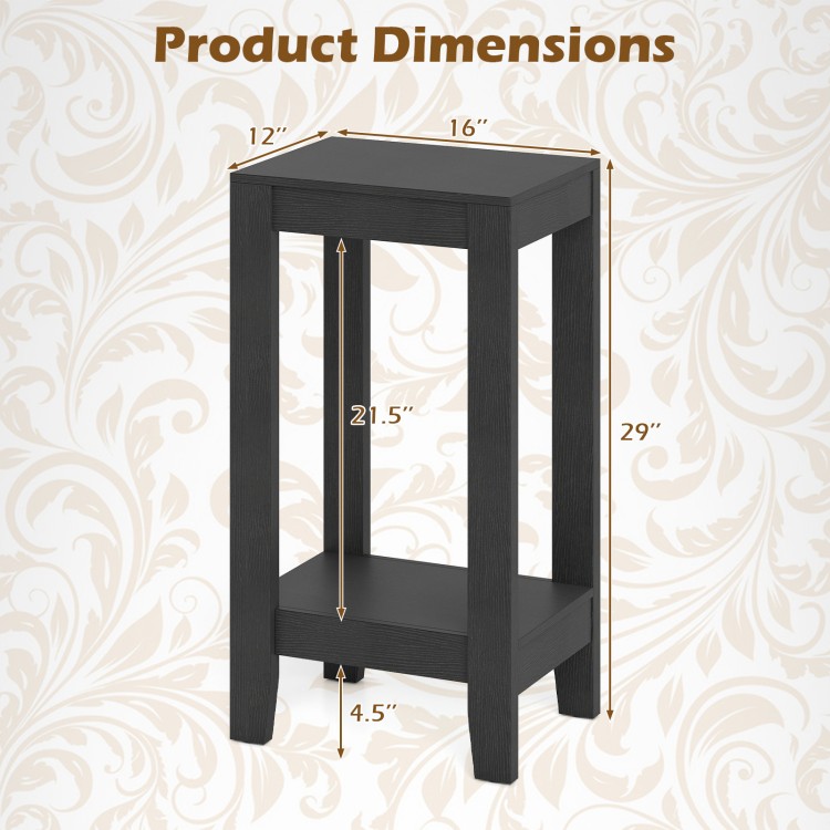 2-tier end table in black with solid wood legs, featuring ample storage space for versatile placement in any room.