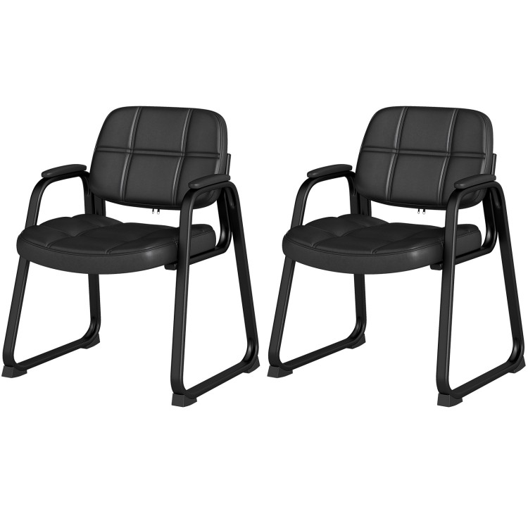 Set of 2 black PU leather waiting room chairs with ergonomic design and cushioned armrests for office or guest use.