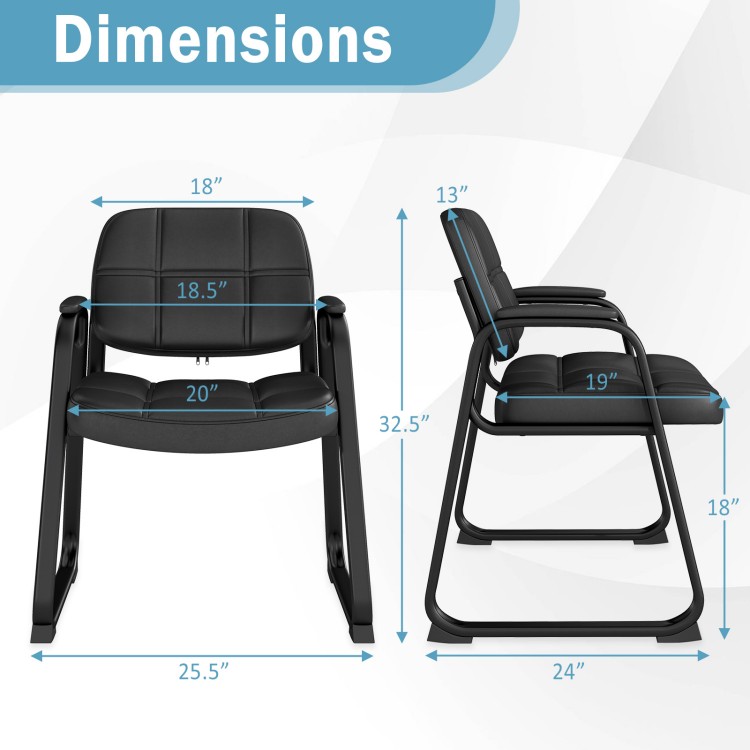 Dimensions of a black PU leather waiting room chair, featuring ergonomic design and cushioned armrests for comfort.
