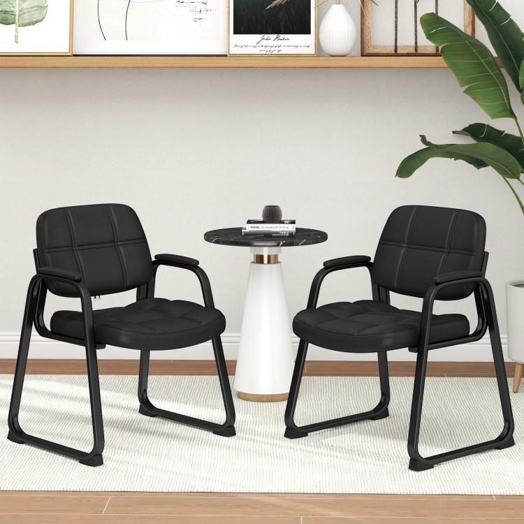 Set of 2 black PU leather waiting room chairs with ergonomic design and cushioned armrests for office use.